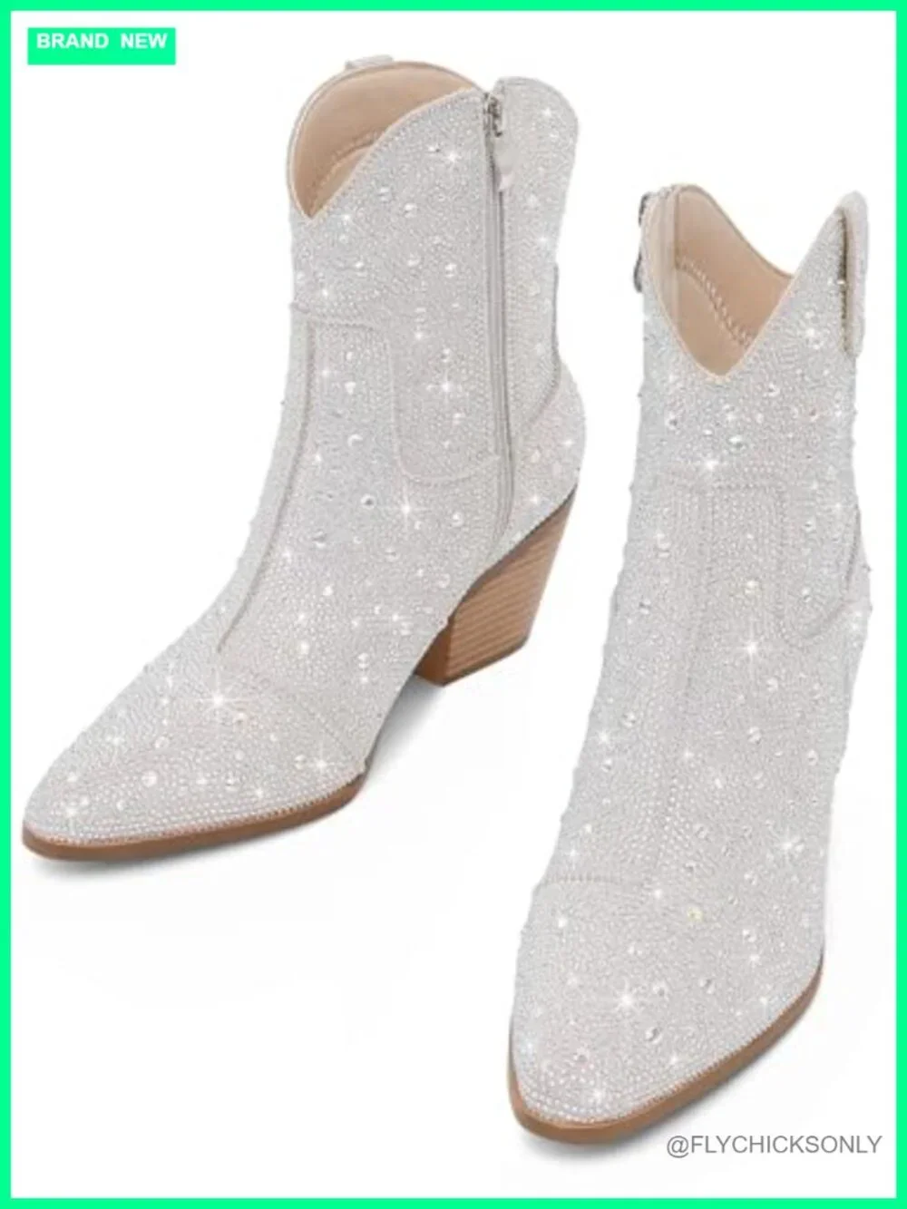 Cowgirl Ankle Boots Rhinestone Chunky Heel Cowboy Booties Side Zipper